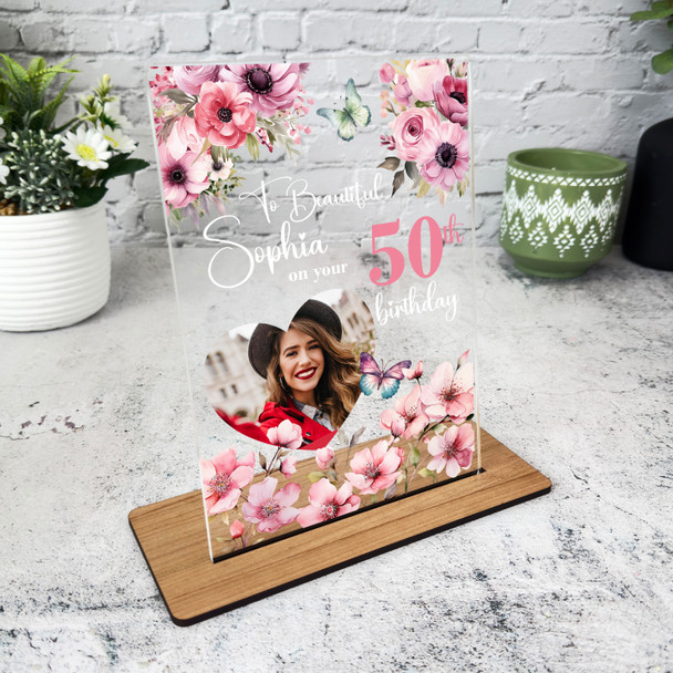 50th Birthday Gift For Her Pink Floral Heart Photo Personalised Gift Plaque