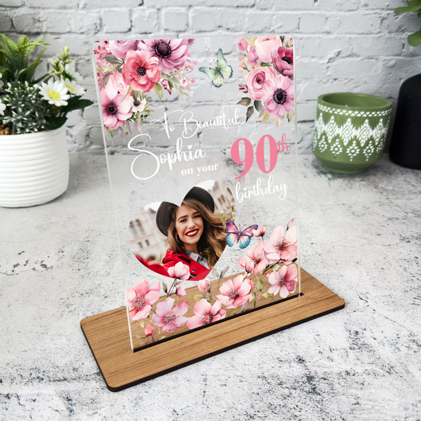 90th Birthday Gift For Her Pink Floral Heart Photo Personalised Gift Plaque