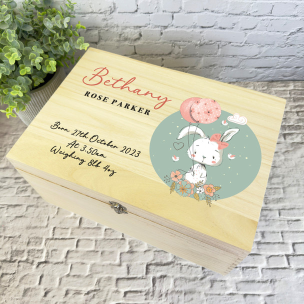 Cute Bunny With Balloons Birth Details New Baby Personalised Wooden Keepsake Box