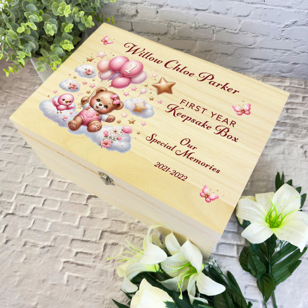 Pink Butterflies Teddy Bear First Year Memories Personalised Wooden Keepsake Box