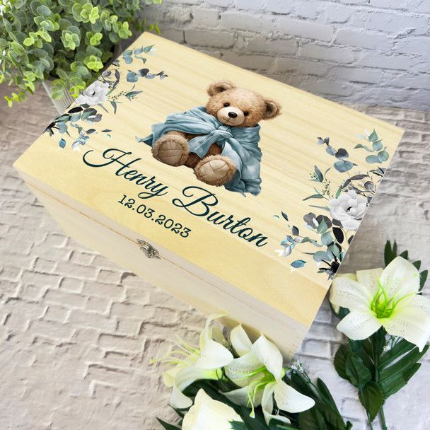 Teddy Bear Blue Blanket New Baby Personalised Storage Wooden Memory Keepsake Box