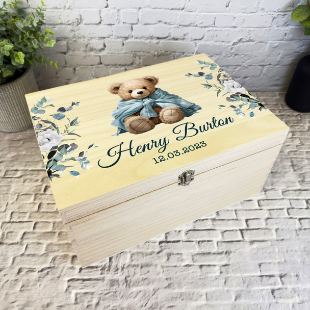 Teddy Bear Blue Blanket New Baby Personalised Storage Wooden Memory Keepsake Box