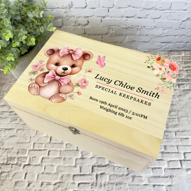 Floral Pink Teddy Bear Butterfly Girl New Baby Personalised Wooden Keepsake Box