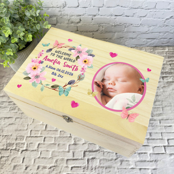 New Baby Girl Pink Flower Photo Personalised Storage Wooden Memory Keepsake Box