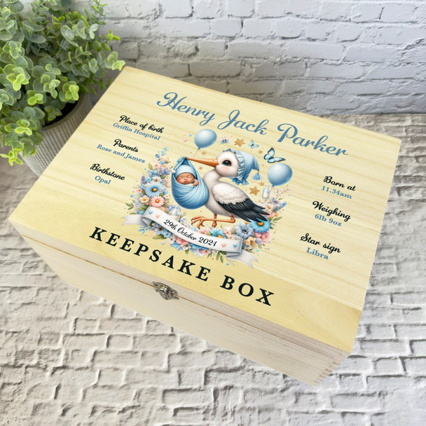 Blue Stork Floral & Balloons Boy New Baby Boy Personalised Wooden Keepsake Box