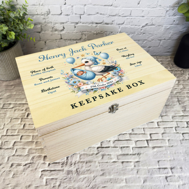 Blue Stork Floral & Balloons Boy New Baby Boy Personalised Wooden Keepsake Box