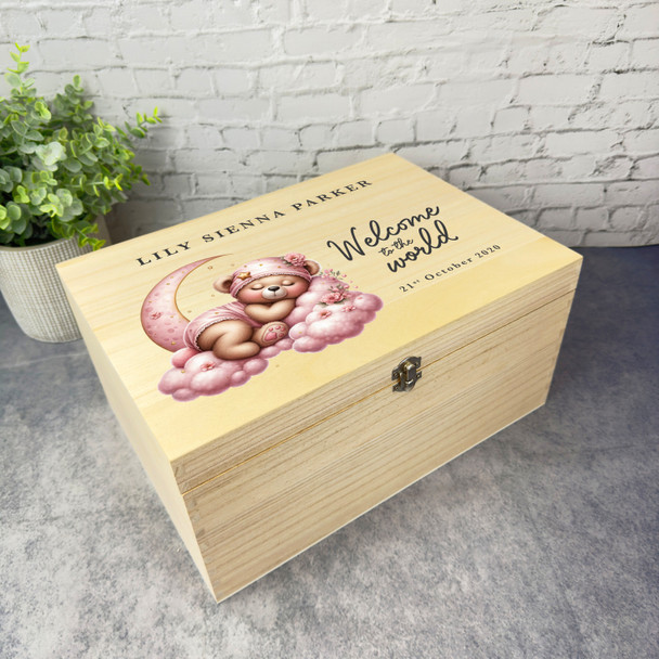 Pink Teddy Bear Sleeping On The Moon New Baby Personalised Wooden Keepsake Box