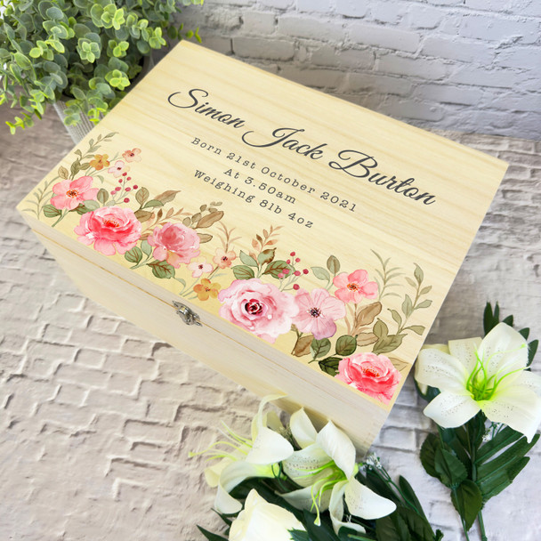 Watercolour Pink Roses Birth Details New Baby Personalised Wooden Keepsake Box