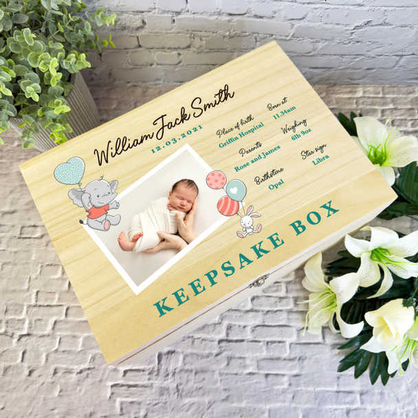 Elephant Bunny Birth Details Photo New Baby Personalised Wooden Keepsake Box