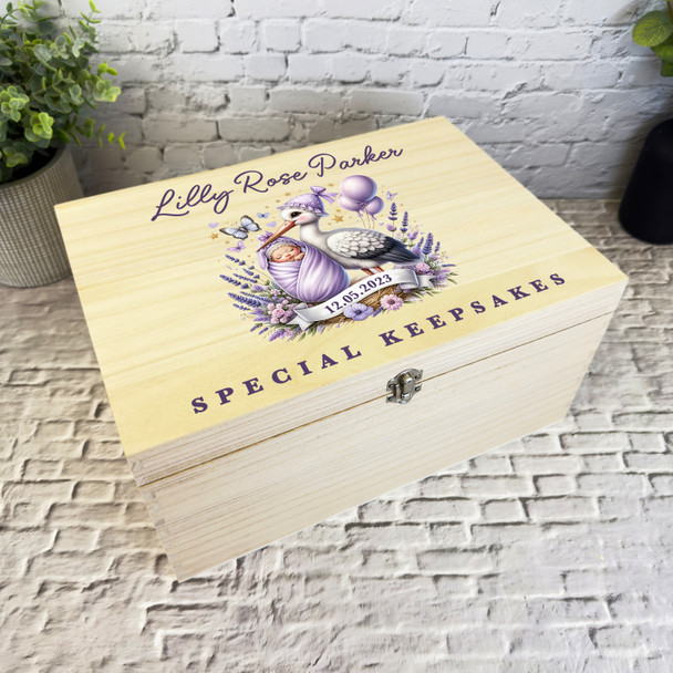 Purple Balloons Stork Holding Baby New Baby Personalised Wooden Keepsake Box