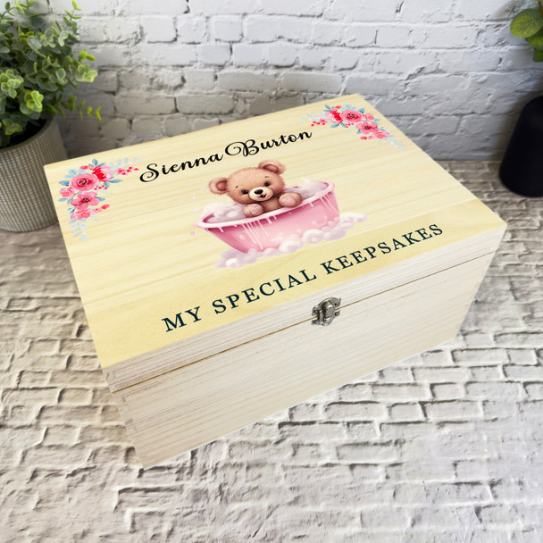 Teddy Bear Pink Bath Bathtub New Baby Girl Personalised Wooden Keepsake Box