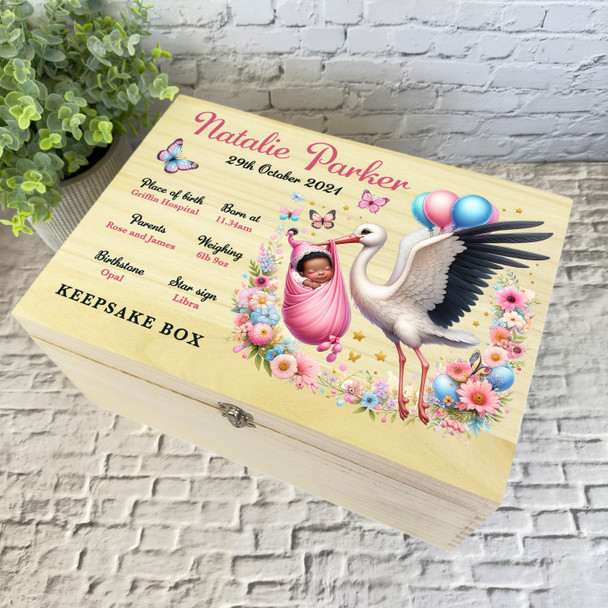 Floral Stork Pink Blue Dark Skin New Baby Personalised Wooden Keepsake Box