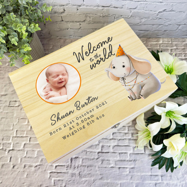 Watercolour Elephant Round Photo New Baby Personalised Wooden Keepsake Box