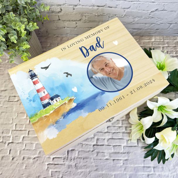 Loving Memory Dad Lighthouse Sea Photo Memorial Personalised Wooden Keepsake Box