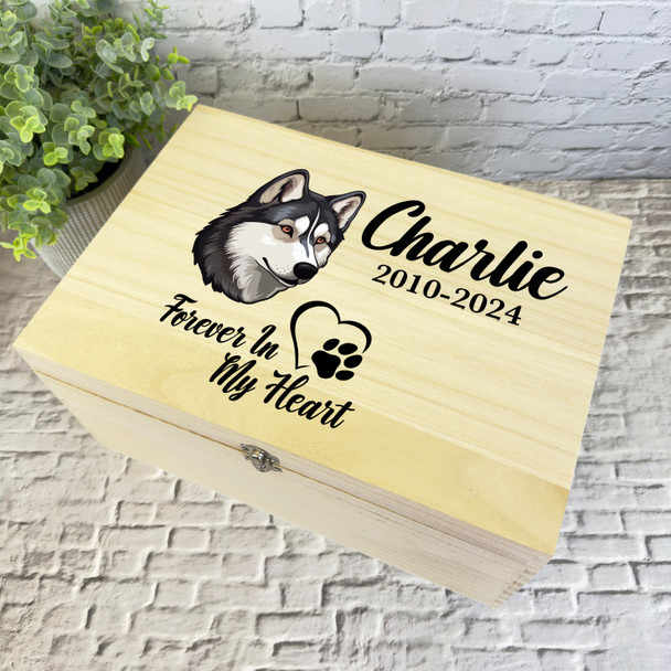 Husky Heart Paw Print Heart Pet Memorial Personalised Wooden Memory Keepsake Box