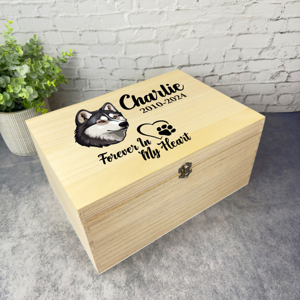 Husky Heart Paw Print Heart Pet Memorial Personalised Wooden Memory Keepsake Box