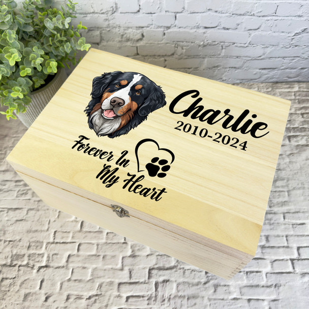 Bernese Mountain Dog Paw Print Pet Memorial Personalised Wooden Keepsake Box