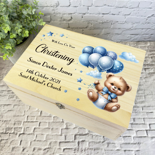 Blue Stars Teddy Bear Balloons Boys Christening Personalised Wooden Keepsake Box