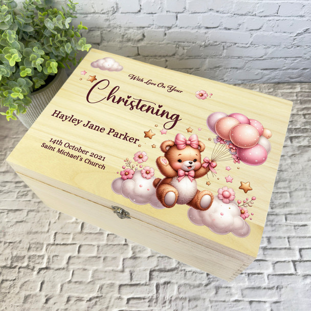 Pink Girls Baby Teddy Bear Balloons Christening Personalised Wooden Keepsake Box