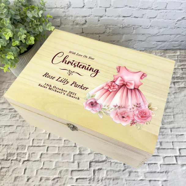 Watercolour Floral Pink Dress Christening Personalised Wooden Keepsake Box