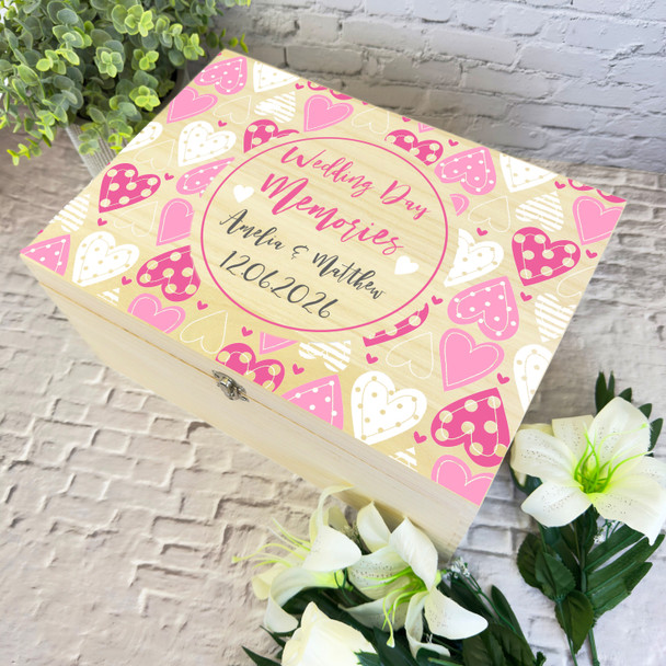 Wedding Memories Pink Hearts Wedding Day Personalised Wooden Memory Keepsake Box