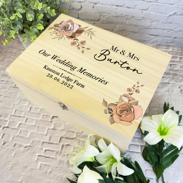 Retro Roses Memories Wedding Day Personalised Storage Wooden Memory Keepsake Box