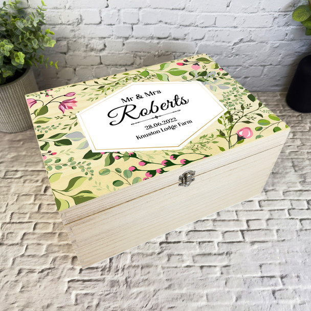 Pink Floral Pattern Leaves Wedding Day Personalised Wooden Memory Keepsake Box