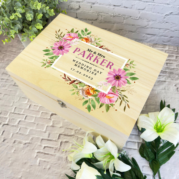 Pink Watercolour Floral Memories Wedding Day Personalised Wooden Keepsake Box