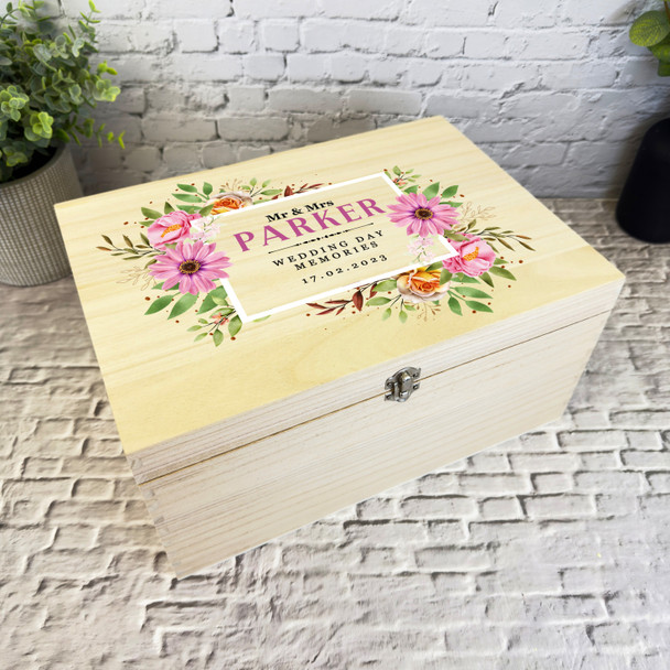 Pink Watercolour Floral Memories Wedding Day Personalised Wooden Keepsake Box