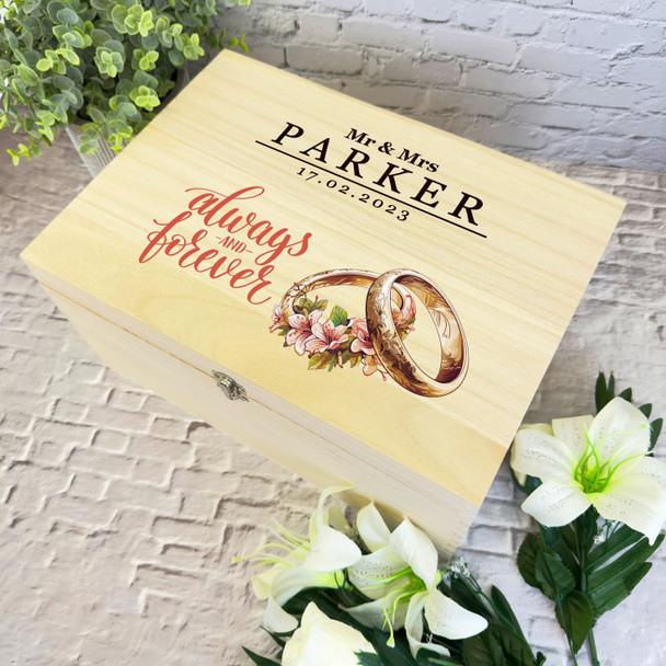 Floral Gold Wedding Rings Wedding Day Personalised Wooden Memory Keepsake Box