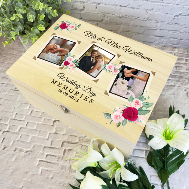 Floral Retro Photo Frames Wedding Day Personalised Wooden Memory Keepsake Box