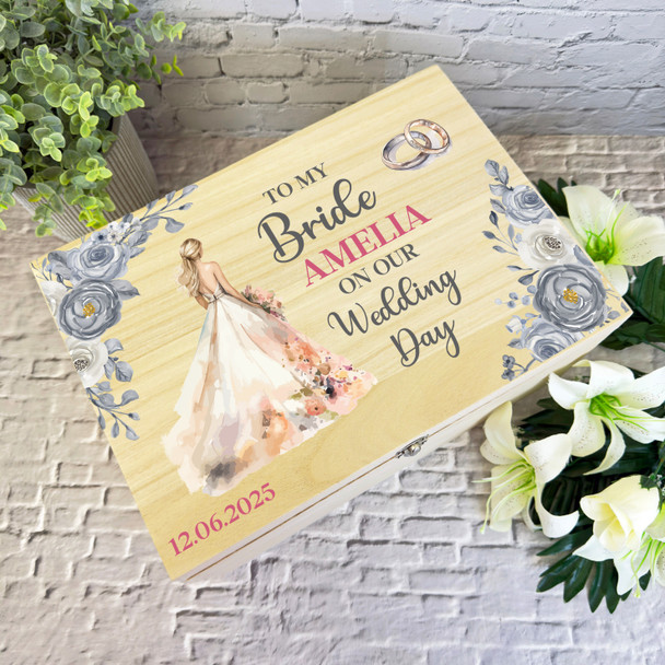 Floral To My Bride On Our Wedding Day Personalised Wooden Memory Keepsake Box