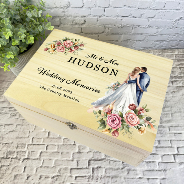 Watercolour Pink Wedding Couple Wedding Day Personalised Wooden Keepsake Box