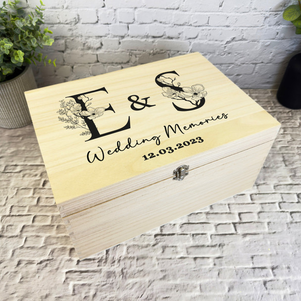 Black Floral Initials Wedding Day Memories Personalised Wooden Keepsake Box