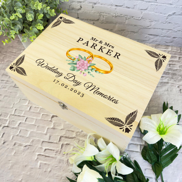 Floral Wedding Rings Memories Wedding Day Personalised Wooden Keepsake Box