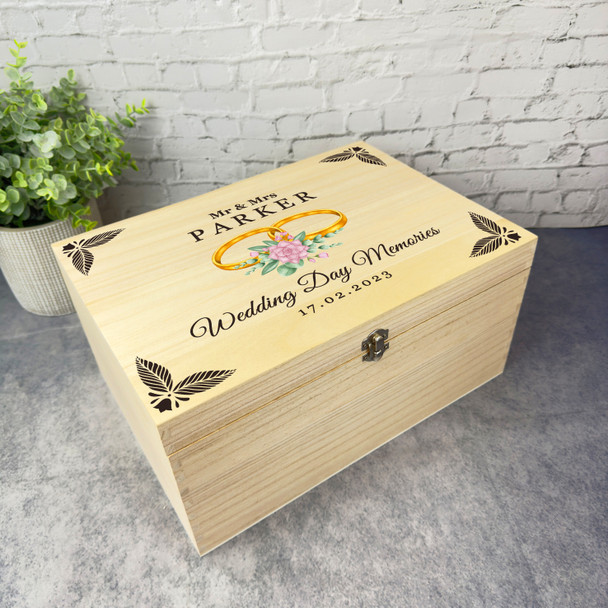 Floral Wedding Rings Memories Wedding Day Personalised Wooden Keepsake Box