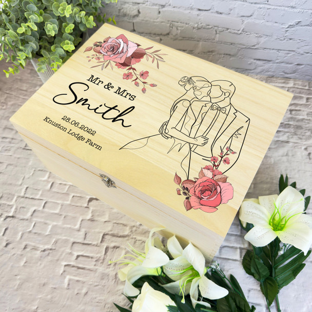 Vintage Rose Wedding Line Art Wedding Day Personalised Wooden Keepsake Box