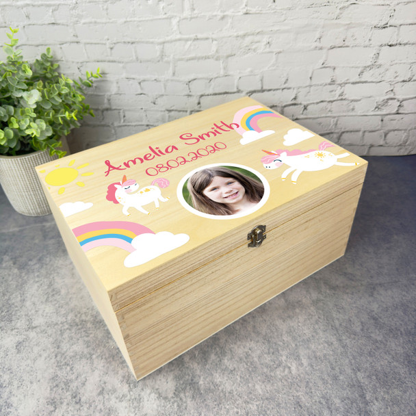 Girl Unicorn Rainbow Keepsake Memories Photo Personalised Wooden Keepsake Box