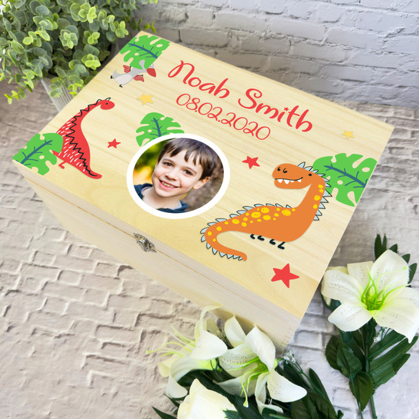 Boy Dinosaur Memory Photo Red Orange Personalised Storage Wooden Keepsake Box