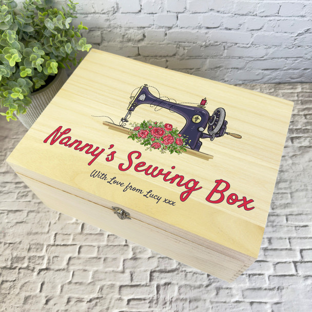 Pink Navy Retro Sewing Machine Box Personalised Wooden Keepsake Storage Box