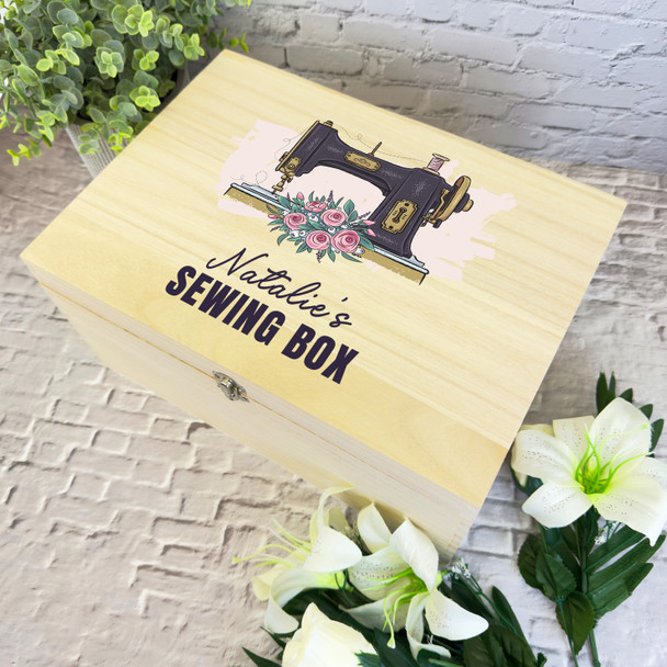 Floral Retro Sewing Machine Hobby Personalised Wooden Keepsake Storage Box