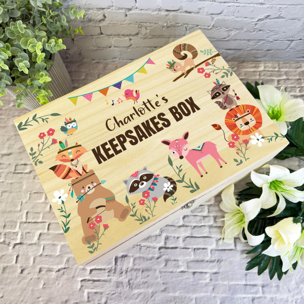 Woodland Animals Kids Personalised Wooden Keepsake Storage Box