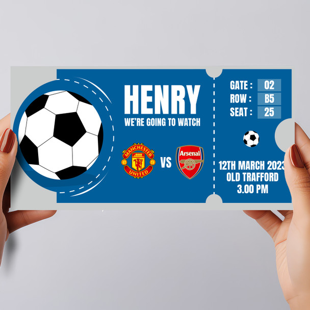 Blue Football Match Watch Any Team Personalised Surprise Ticket Gift Voucher