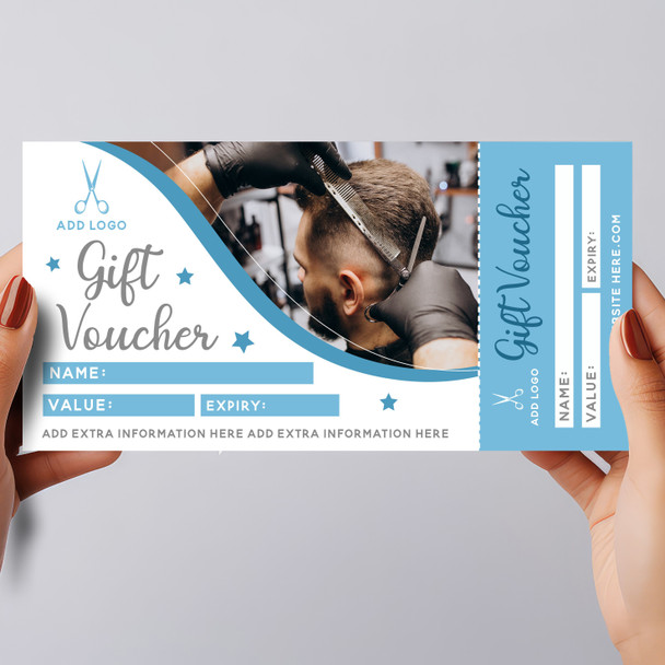 Barber Barbershop Hairdresser Blue Any Details Perforated Business Gift Voucher