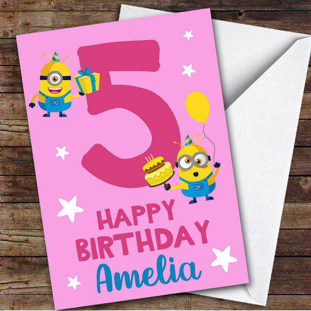 Minions Girl Pink Balloon Any Age Children's Personalised Kid's Birthday Card