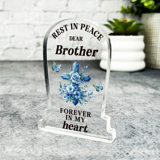 Brother Blue Floral Cross Remembrance Memorial Gift Gravestone Keepsake Plaque