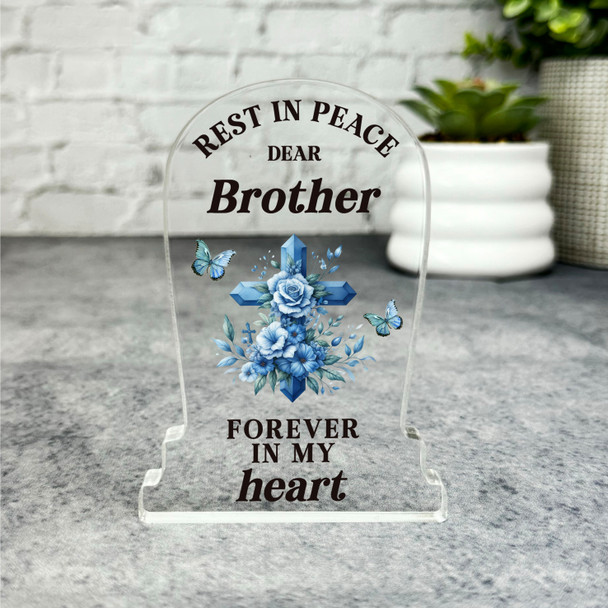 Brother Blue Floral Cross Remembrance Memorial Gift Gravestone Keepsake Plaque