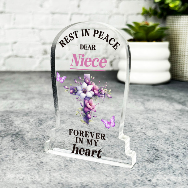 Niece Purple Floral Cross Remembrance Memorial Gift Gravestone Keepsake Plaque