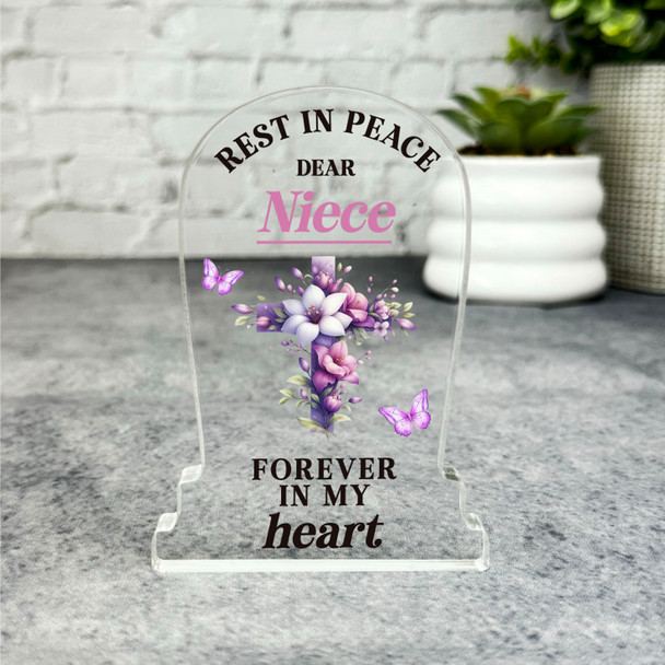 Niece Purple Floral Cross Remembrance Memorial Gift Gravestone Keepsake Plaque