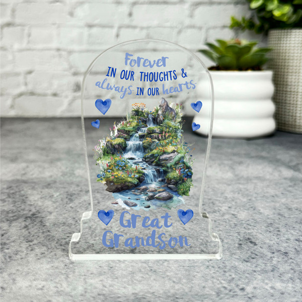 Great Grandson Waterfall Blue Hearts Memorial Gift Gravestone Keepsake Plaque